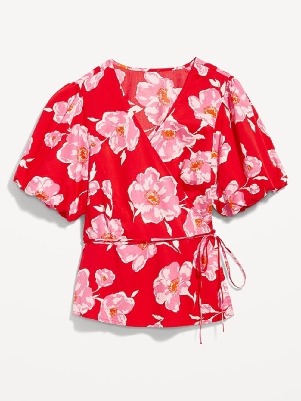 Old Navy Red Floral Wrap Top with Pink Blooms